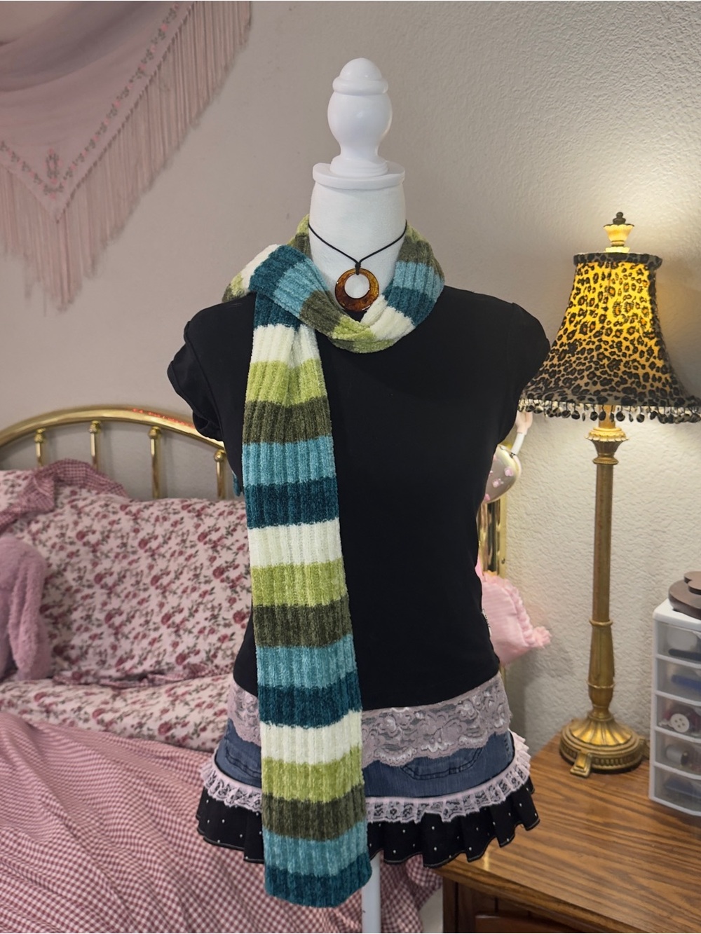 Y2K Striped Knit Scarf in Teal, Green & White